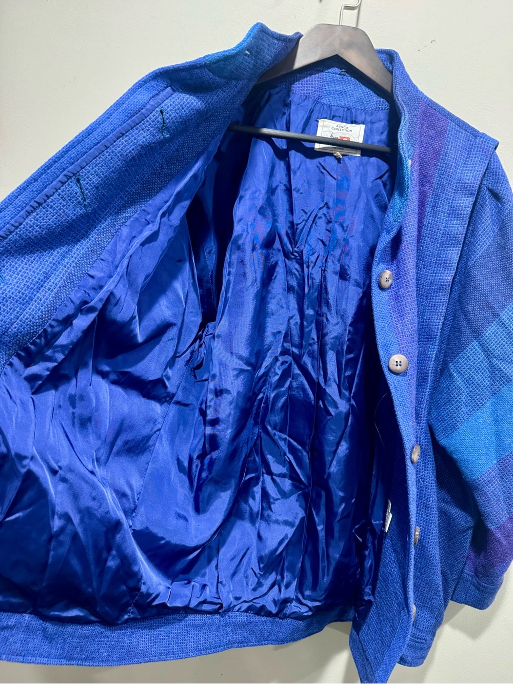 Vtg 80s Avoca Ireland Pure Wool Blue Purple Striped Jacket Unisex M XL - Picture 6 of 9